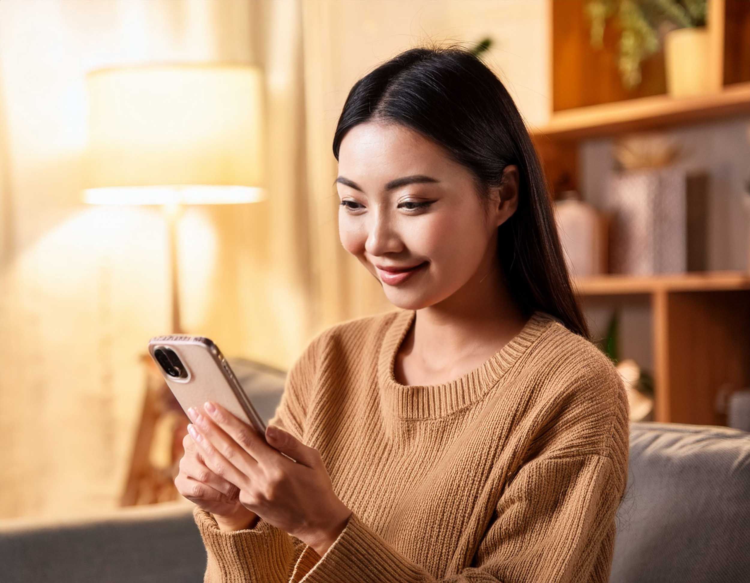 スマホの画面に映るAIエージェントのダッシュボードを見ながら、未来の戦略を練り、自信に満ちた表情で微笑む若い個人起業家の女性