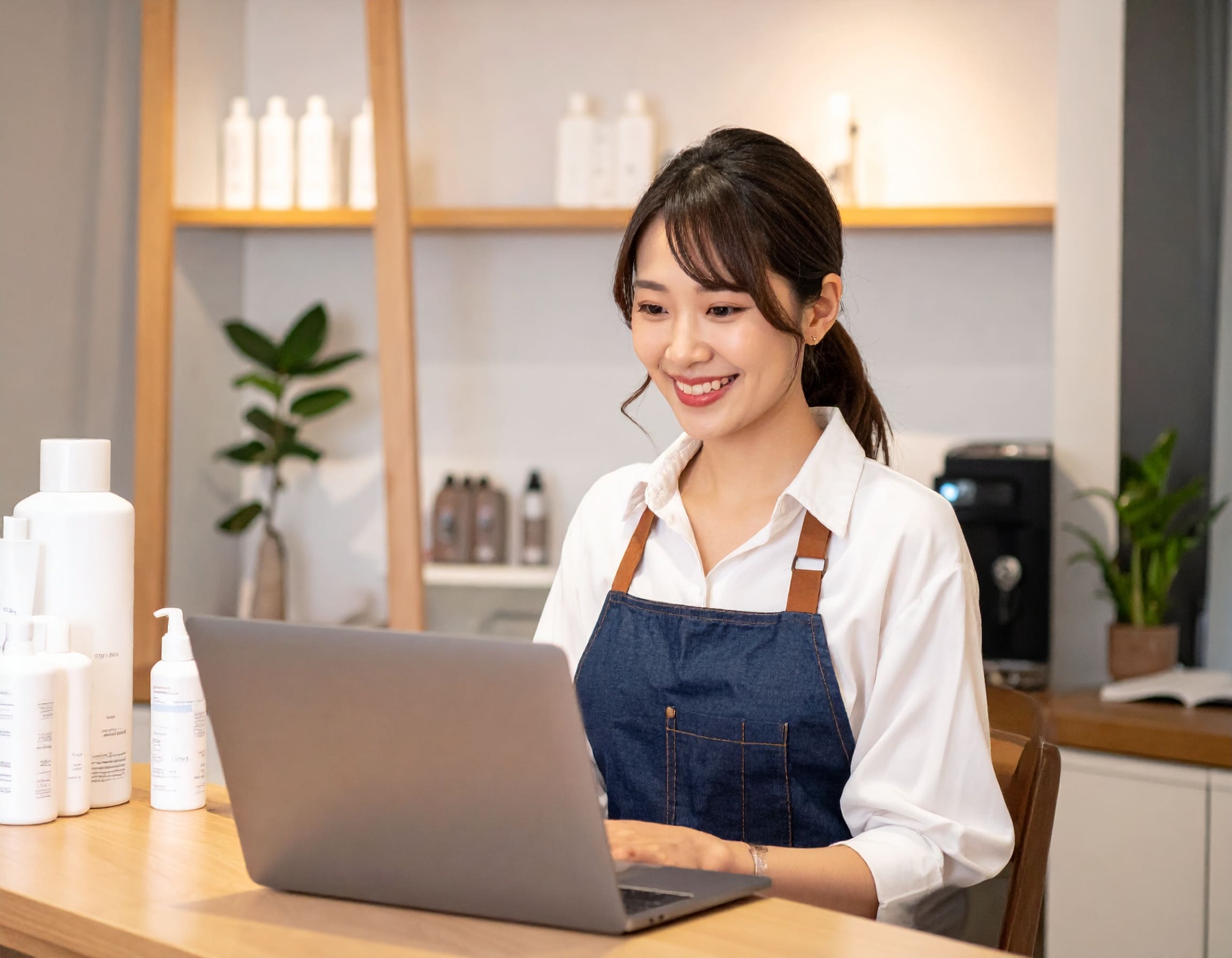 ノートパソコンを開き、AIエージェントがメール業務を自動処理している間に、笑顔で事業戦略を練る女性起業家