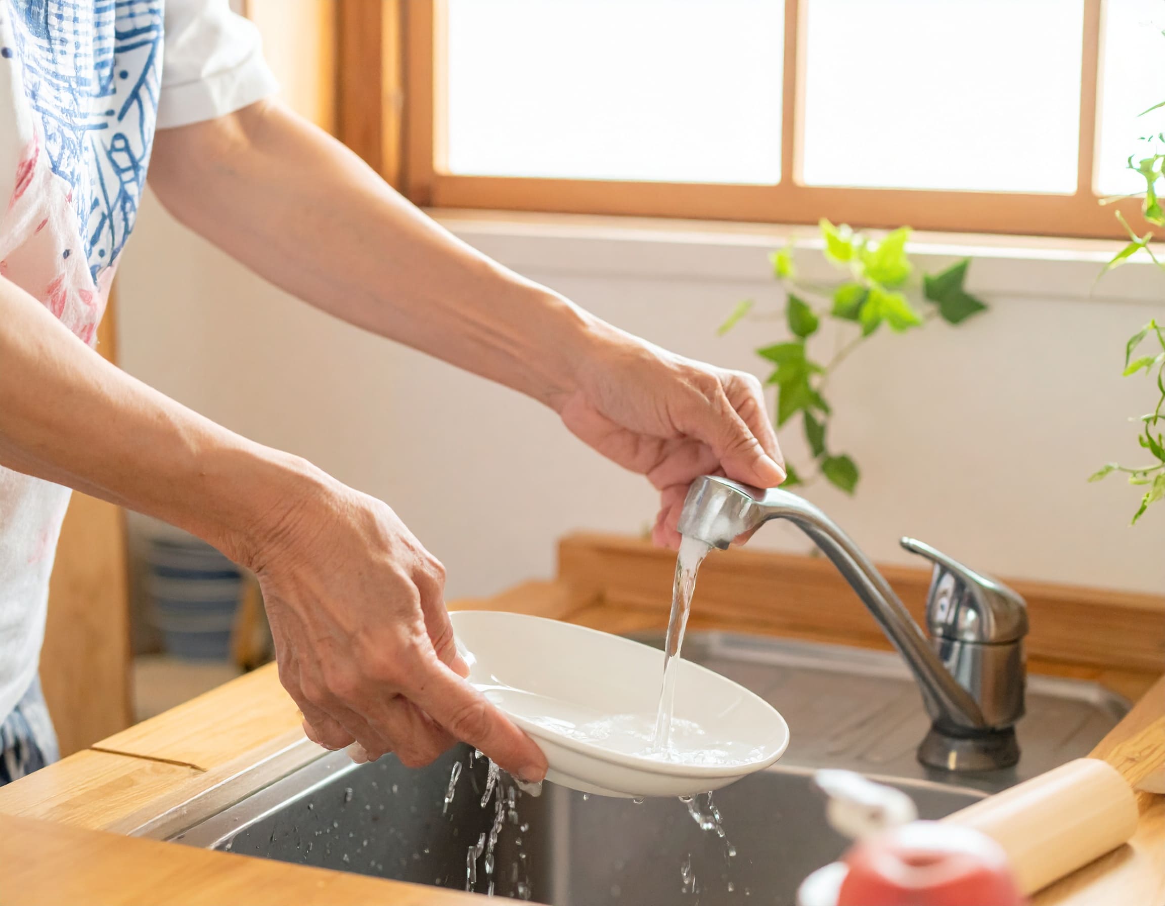 キッチンの水道水で食器を洗う女性