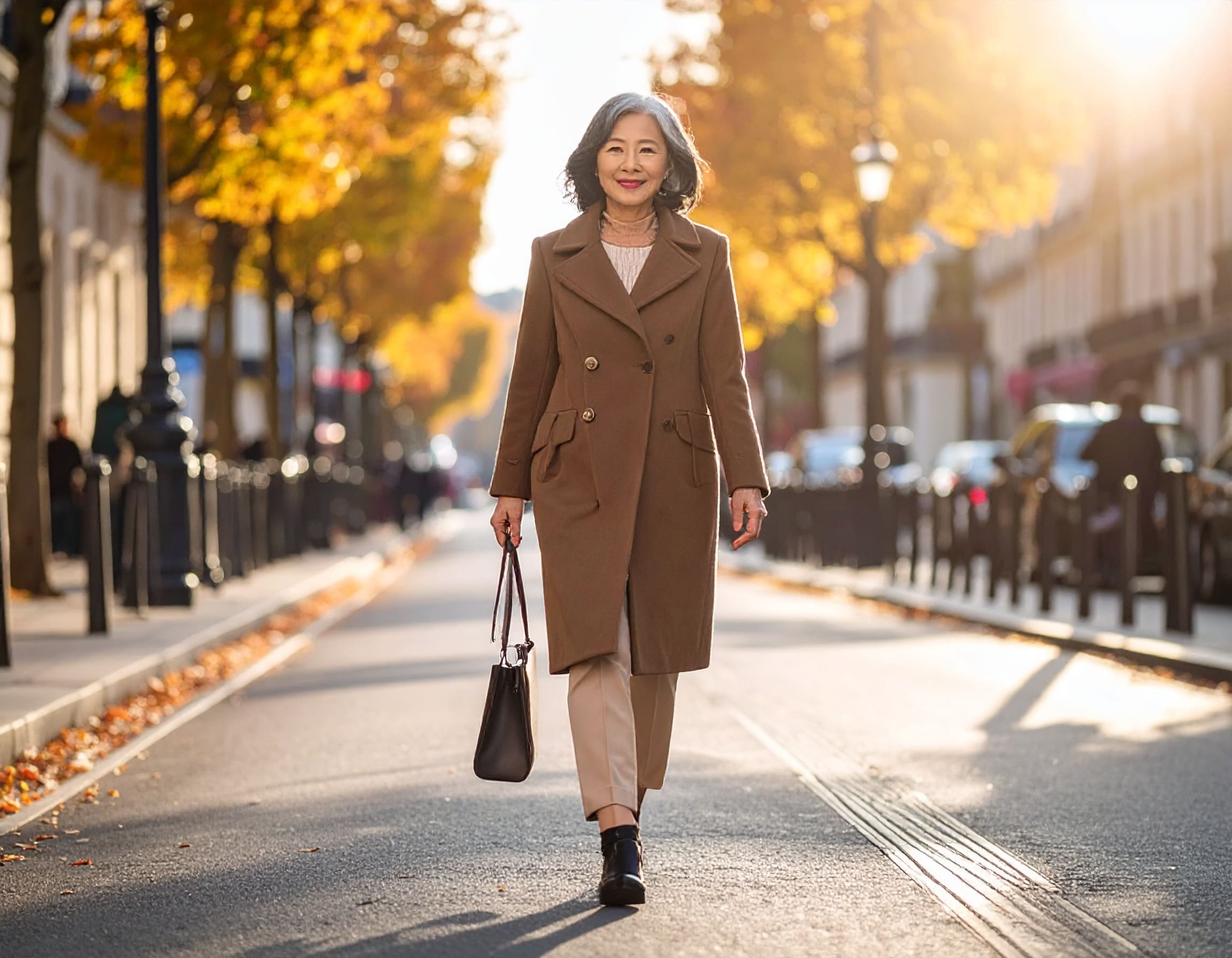 秋服のコートを着て紅葉に染まった街の街路樹のある街並みを歩く女性