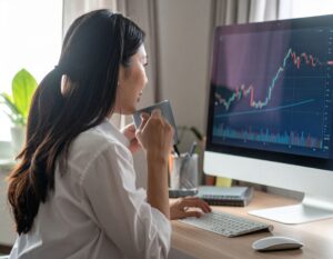 資産運用をして株や投資信託の値動きを見る女性